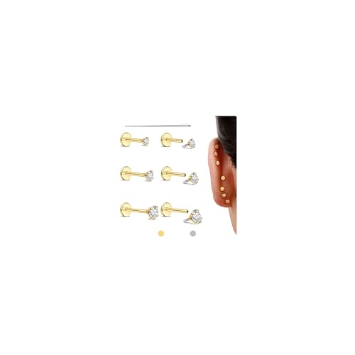 GEMQUEEN Flat Back Earrings Studs - 14K Gold Filled Internal Thread 18G 16G Piercing Jewelry for Cartilage Helix Tragus Hypoallergenic Labret Lip Conch Nose 316L Stainless Steel Stud for Women Men - Image 1