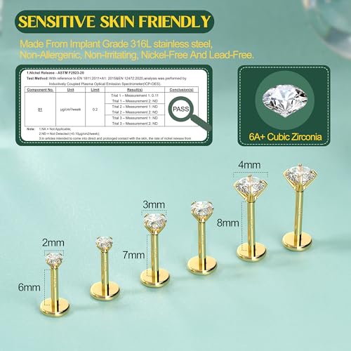 GEMQUEEN Flat Back Earrings Studs - 14K Gold Filled Internal Thread 18G 16G Piercing Jewelry for Cartilage Helix Tragus Hypoallergenic Labret Lip Conch Nose 316L Stainless Steel Stud for Women Men - Image 2