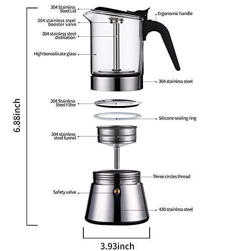 JimysCo SIXAQUAE Moka Induction Stovetop Espresso Maker With Pressure valve,Crystal Glass-top & Stainless Steel Esprosso Moka Pot,240ml Classic Italian Coffee Maker - Image 2