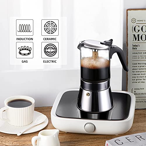 JimysCo SIXAQUAE Moka Induction Stovetop Espresso Maker With Pressure valve,Crystal Glass-top & Stainless Steel Esprosso Moka Pot,240ml Classic Italian Coffee Maker - Image 4