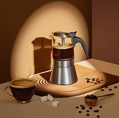 JimysCo SIXAQUAE Moka Induction Stovetop Espresso Maker With Pressure valve,Crystal Glass-top & Stainless Steel Esprosso Moka Pot,240ml Classic Italian Coffee Maker - Image 5