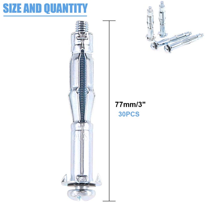 Glarks 30Pcs 5x65MM Heavy Duty Zinc Plated Steel Molly Bolt Hollow Drive Wall Anchor Screws Set for Drywall, Plaster and Tile (M5x65) - Image 2