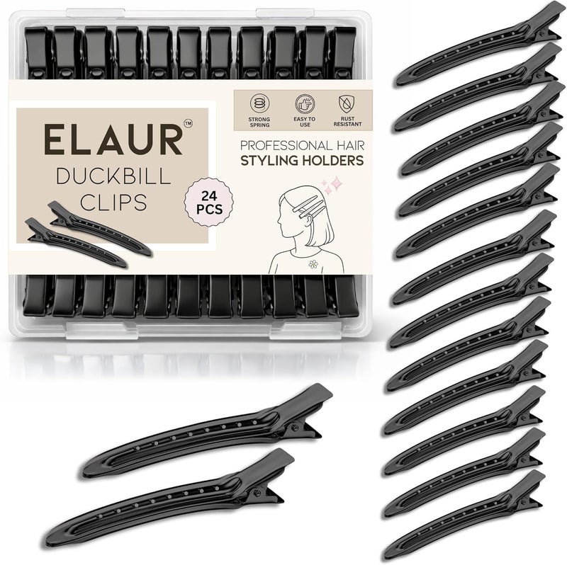 ELAUR 24 Pack Duck Bill Hair Clips - 3.5" Rust Proof Metal Alligator Clips with Holes for Hair Styling & Sectioning - Salon & Home (Black) - Image 1
