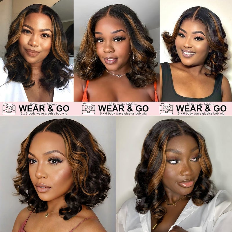 Tinashe Wear and Go Glueless Bob Wigs Human Hair 5x6 HD Lace Closure Wigs Pre Plucked Body Wave Lace Front Wigs Human Hair Short Wigs for Black Women (Loose Body Bob Wig P1B/2/30, 14inch) - Image 5