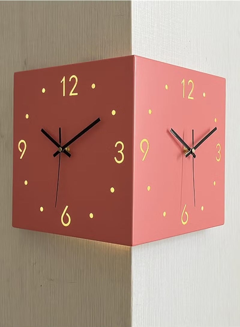 ريبنيو ساعة زاوية أنيقة، ساعة حائط مزدوجة الجوانب، غرفة معيشة، بساطة إبداعية، ساعة حائط حديثة مزدوجة الجوانب، بدون ثقب، ساعة زاوية عصرية - وردي - Image 1