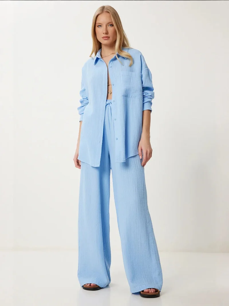 السعادة في إسطنبول ISTANBUL High Waist Wide Leg Two-Piece Co-ord Set with Shirt Collar