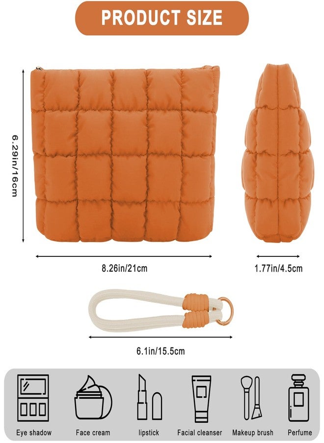 DOB SECHS Puffer Quilted Makeup Bag with Handle, Cute Puffy Cotton Cosmetic Bags for Women, Mini Checkered Toiletry Zipper Pouch, Travel Essentials Storage Organizer Clutch Pouches Pencil Case, Orange - Image 2