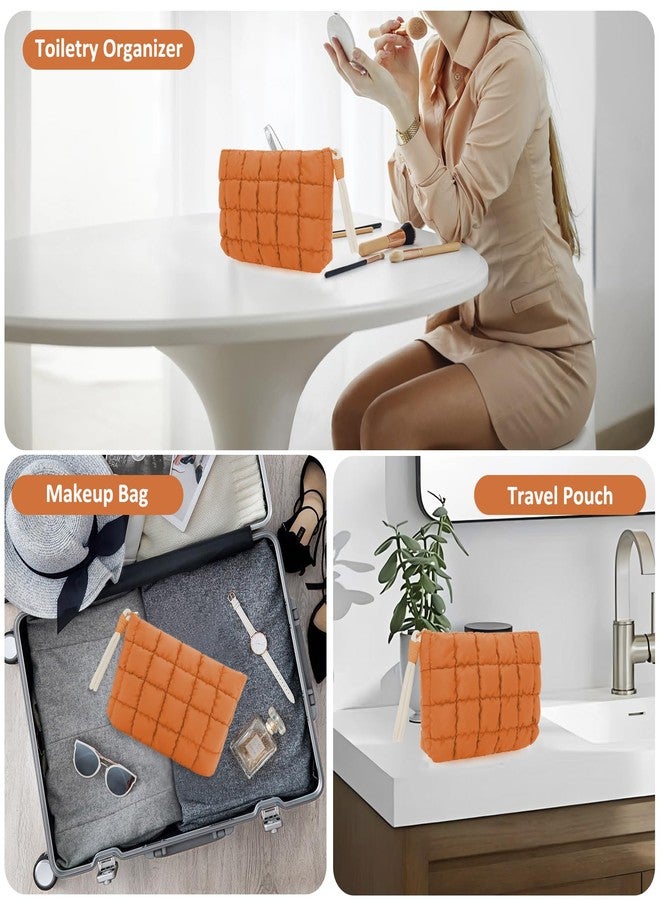 DOB SECHS Puffer Quilted Makeup Bag with Handle, Cute Puffy Cotton Cosmetic Bags for Women, Mini Checkered Toiletry Zipper Pouch, Travel Essentials Storage Organizer Clutch Pouches Pencil Case, Orange - Image 4