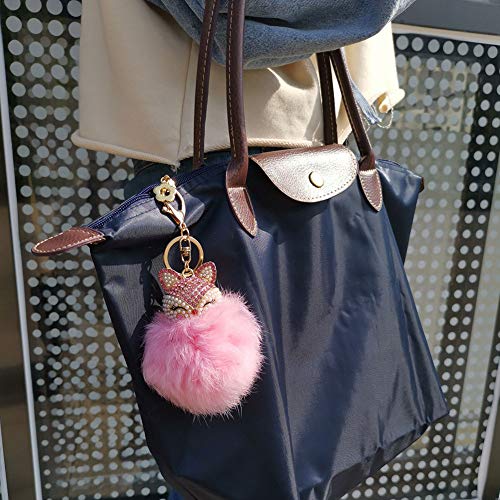 HOYUNLA Rabbit Fur Ball Pom Pom Keychain with Fox Head Studded with Synthetic Pearl Rhinestone for Womens Bag Car Key Chain Charm Pendant Decoration (pink) - Image 5
