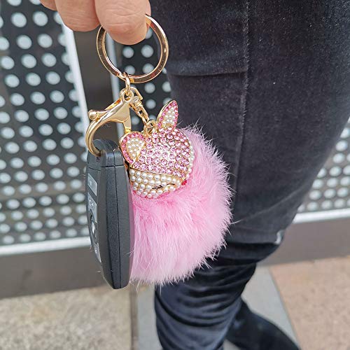 HOYUNLA Rabbit Fur Ball Pom Pom Keychain with Fox Head Studded with Synthetic Pearl Rhinestone for Womens Bag Car Key Chain Charm Pendant Decoration (pink) - Image 4