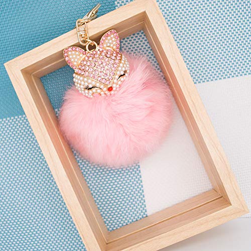 HOYUNLA Rabbit Fur Ball Pom Pom Keychain with Fox Head Studded with Synthetic Pearl Rhinestone for Womens Bag Car Key Chain Charm Pendant Decoration (pink) - Image 2