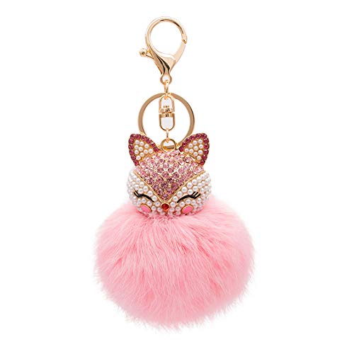 HOYUNLA Rabbit Fur Ball Pom Pom Keychain with Fox Head Studded with Synthetic Pearl Rhinestone for Womens Bag Car Key Chain Charm Pendant Decoration (pink) - Image 1