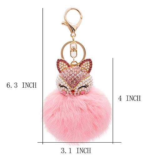 HOYUNLA Rabbit Fur Ball Pom Pom Keychain with Fox Head Studded with Synthetic Pearl Rhinestone for Womens Bag Car Key Chain Charm Pendant Decoration (pink) - Image 3