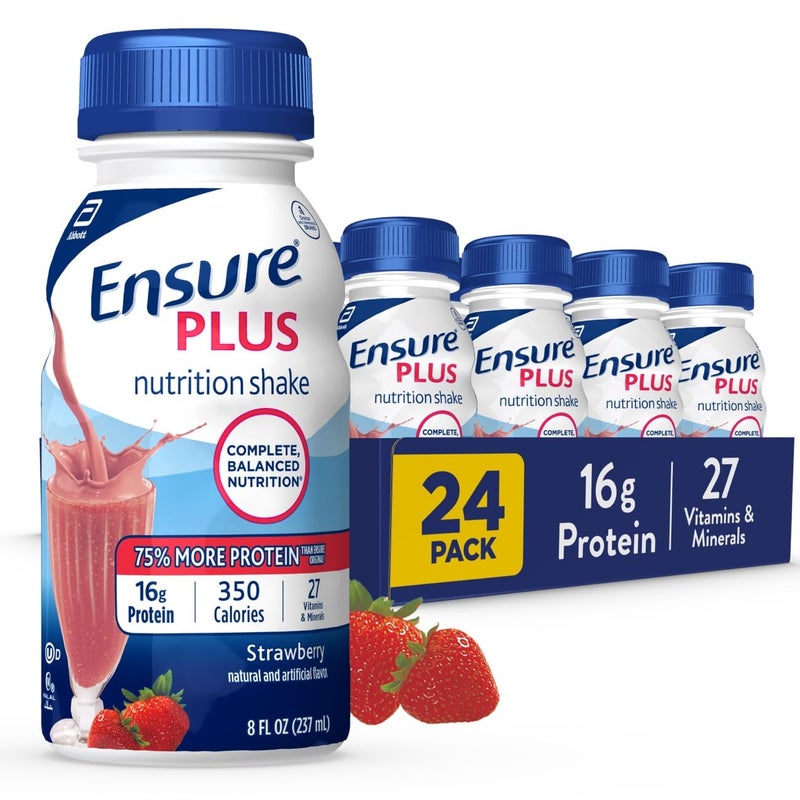 Ensure Plus Strawberry Nutrition Shake With Fiber Meal Replacement Shake Ready To Drink 16g Protein and 27 Vitamins and Minerals 8 fl oz 24 Pack