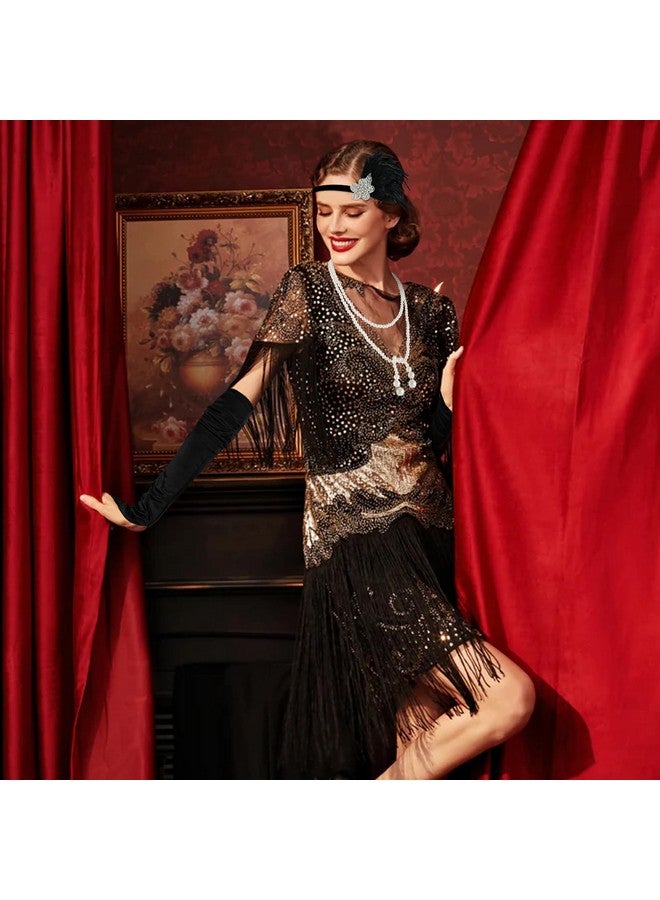 DOCILA 1920S Accessories For Women Gatsby Costume Roaring 20S Flapper Feather Headband Headpiece Vintage Pear Necklace Gloves (Blackset)  - Image 3