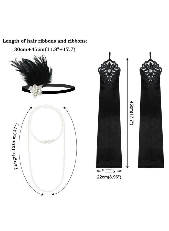 DOCILA 1920S Accessories For Women Gatsby Costume Roaring 20S Flapper Feather Headband Headpiece Vintage Pear Necklace Gloves (Blackset)  - Image 5
