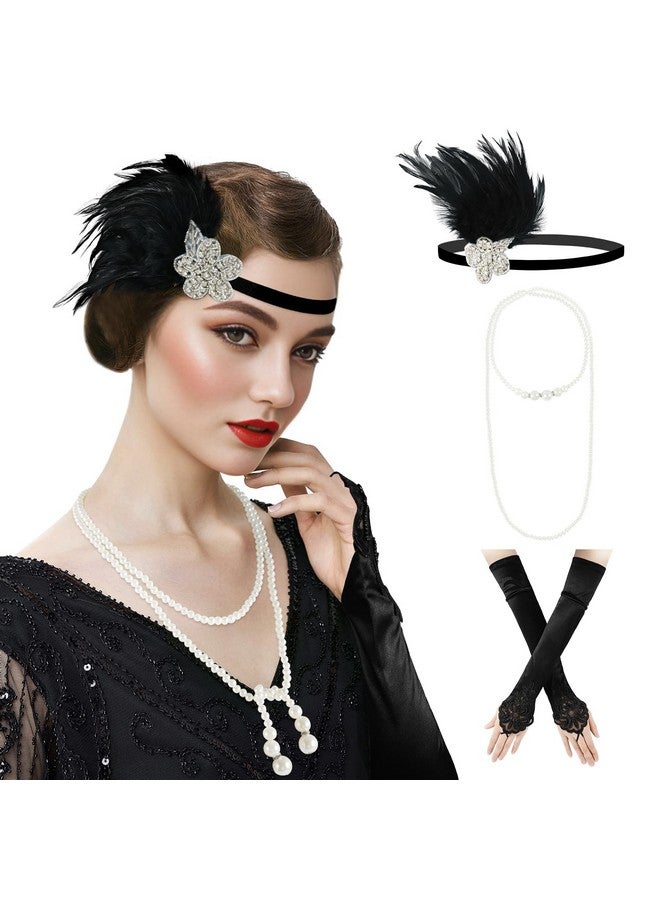 DOCILA 1920S Accessories For Women Gatsby Costume Roaring 20S Flapper Feather Headband Headpiece Vintage Pear Necklace Gloves (Blackset)  - Image 1