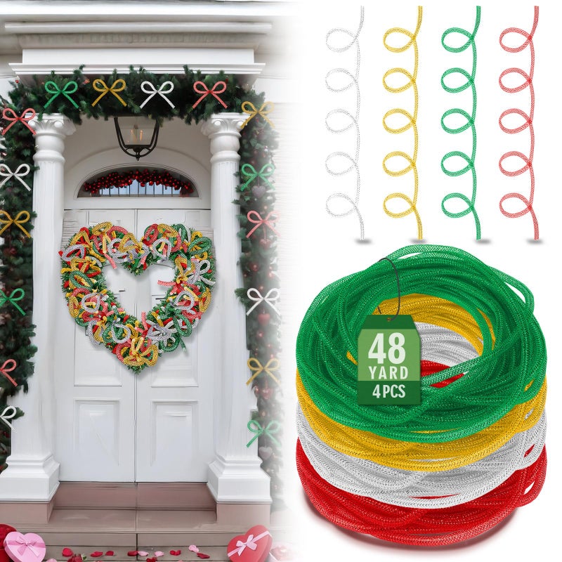 Arrowbash 4 Set Valentine Mesh Tubing for Crafts Mesh Tubing for Wreath 8 mm x 48 Yards Metallic Foil Poly Ribbons Flexible St Patricks Tube Crafts 4 Colors - Image 3