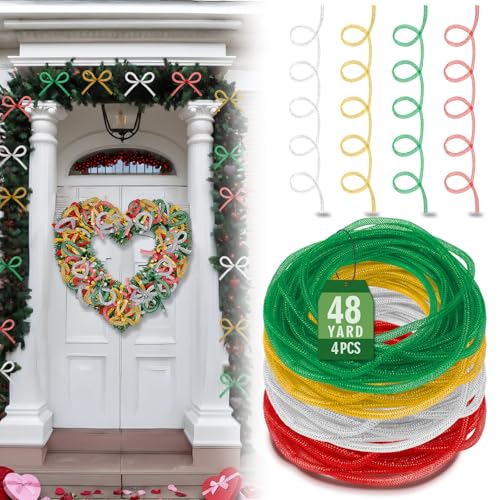 Arrowbash 4 Set Valentine Mesh Tubing for Crafts Mesh Tubing for Wreath 8 mm x 48 Yards Metallic Foil Poly Ribbons Flexible St Patricks Tube Crafts 4 Colors - Image 1