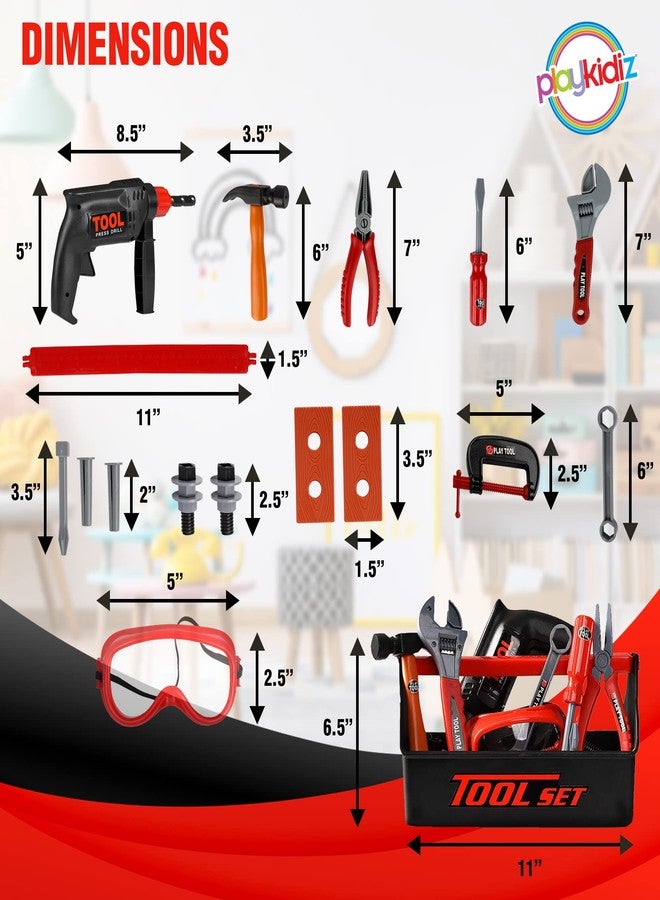 PLAYKIDIZ Playkidz Tool Box for Kids 22-Piece Boys & Girls Construction Toy Playset w/Carry Chest, Working Push Button Power Drill, Hammer, Screwdriver, Wrench, Pliers, Saw & Other Realistic Tools Ages 3+ - Image 3