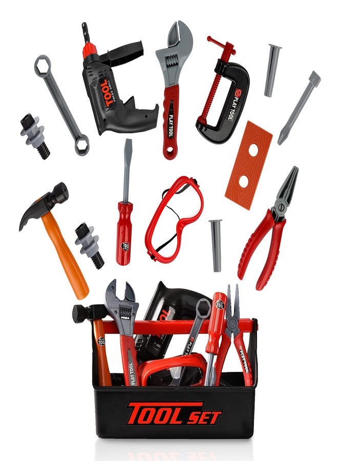 PLAYKIDIZ Playkidz Tool Box for Kids 22-Piece Boys & Girls Construction Toy Playset w/Carry Chest, Working Push Button Power Drill, Hammer, Screwdriver, Wrench, Pliers, Saw & Other Realistic Tools Ages 3+ - Image 1