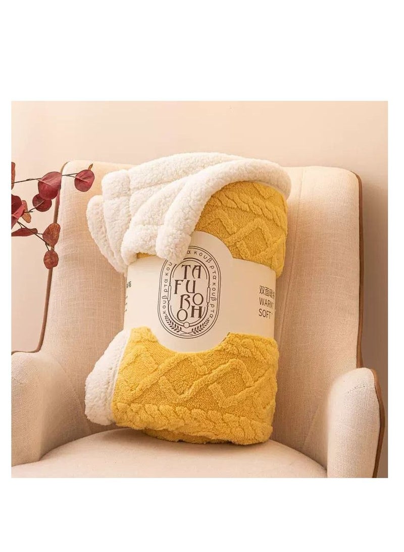 Winter and summer Thick Warm Blanket Pattern Design Faux Super King Size Blankets 2-Layer Fleece Soft Bedspreads Blanket 200x230cm- Yellow  - Image 1