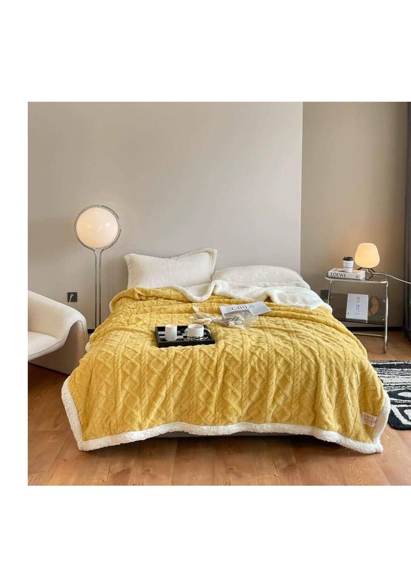 Winter and summer Thick Warm Blanket Pattern Design Faux Super King Size Blankets 2-Layer Fleece Soft Bedspreads Blanket 200x230cm- Yellow  - Image 2