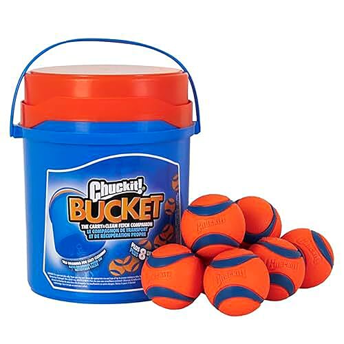 Chuckit Ultra Ball Dog Toy with Chuckit Cleaning Bucket Bouncy Fetch Pet Toys For Dogs 2060 lbs Interactive Dog Toys Durable Rubber Size Medium 25inch Diameter 8Pack of Balls - Image 1