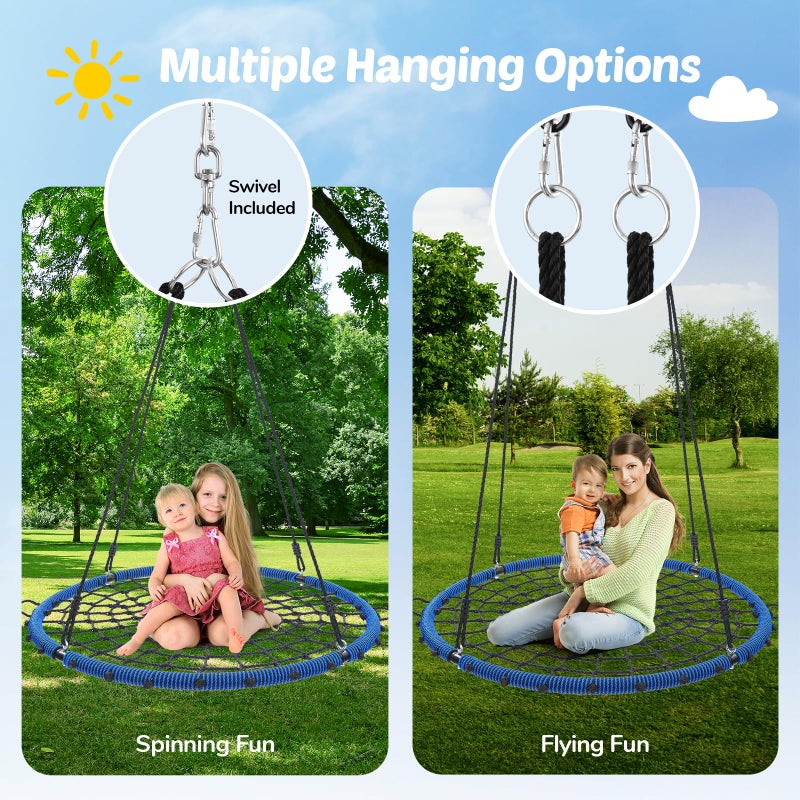 Trekassy 45" 750lbs Spider Web Tree Swing for Kids & Adults, Outdoor Steel Frame Saucer Net Swing with Swivel, Adjustable Ropes + 2 Tree Hanging Straps - Blue (Patented) - Image 2