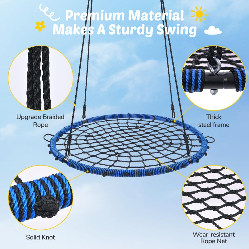 Trekassy 45" 750lbs Spider Web Tree Swing for Kids & Adults, Outdoor Steel Frame Saucer Net Swing with Swivel, Adjustable Ropes + 2 Tree Hanging Straps - Blue (Patented) - Image 4