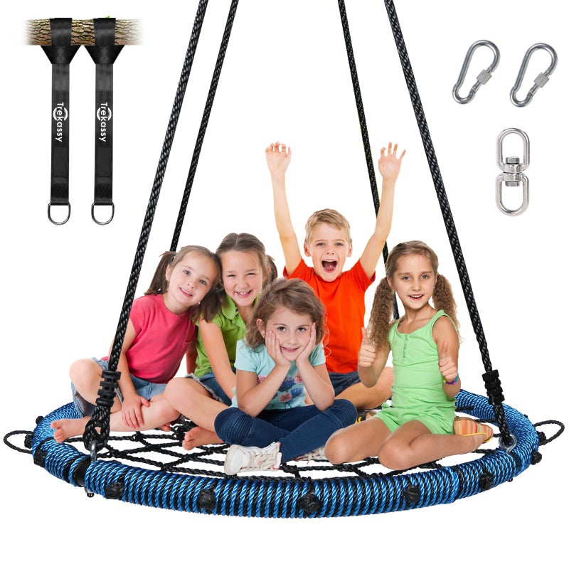 Trekassy 45" 750lbs Spider Web Tree Swing for Kids & Adults, Outdoor Steel Frame Saucer Net Swing with Swivel, Adjustable Ropes + 2 Tree Hanging Straps - Blue (Patented) - Image 1