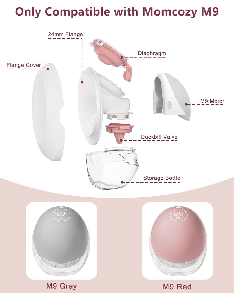 BDICOVE 2 Pack 24mm Full Breast Pump Kits Compatible with Momcozy Upgraded Mobile Flow M9, Upgraded M9 Full Set Parts Including 24mm FlnageX2, Red ValveX2, Red DiaphragmX2, Container with Silicone LipX2 - Image 2