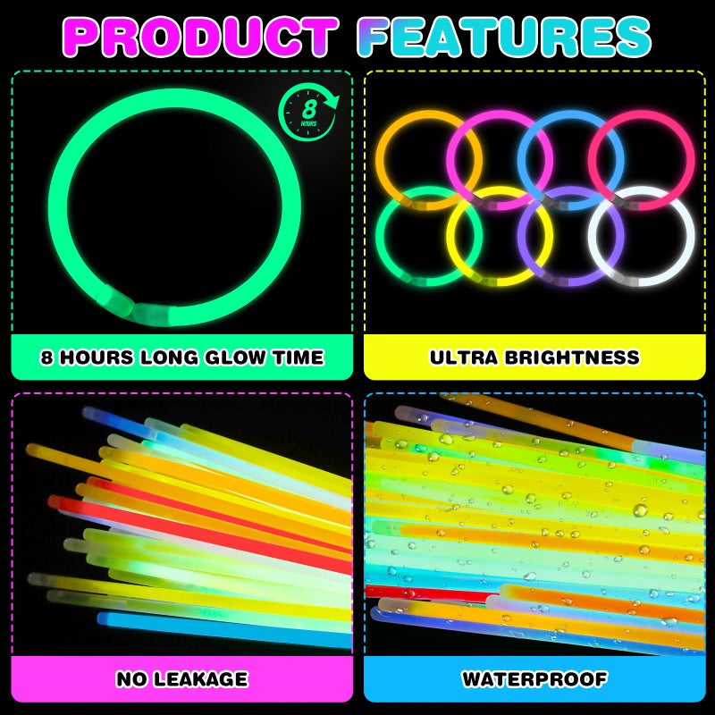 YixangDD 1000 PCS Ultra Bright Glow Sticks, 8 Inch Glow Sticks Bulk Party Pack, Light Up Sticks for Glow Bracelets, Necklaces, Concerts, Christmas, Party Supplies with 1000 Connectors - Image 3