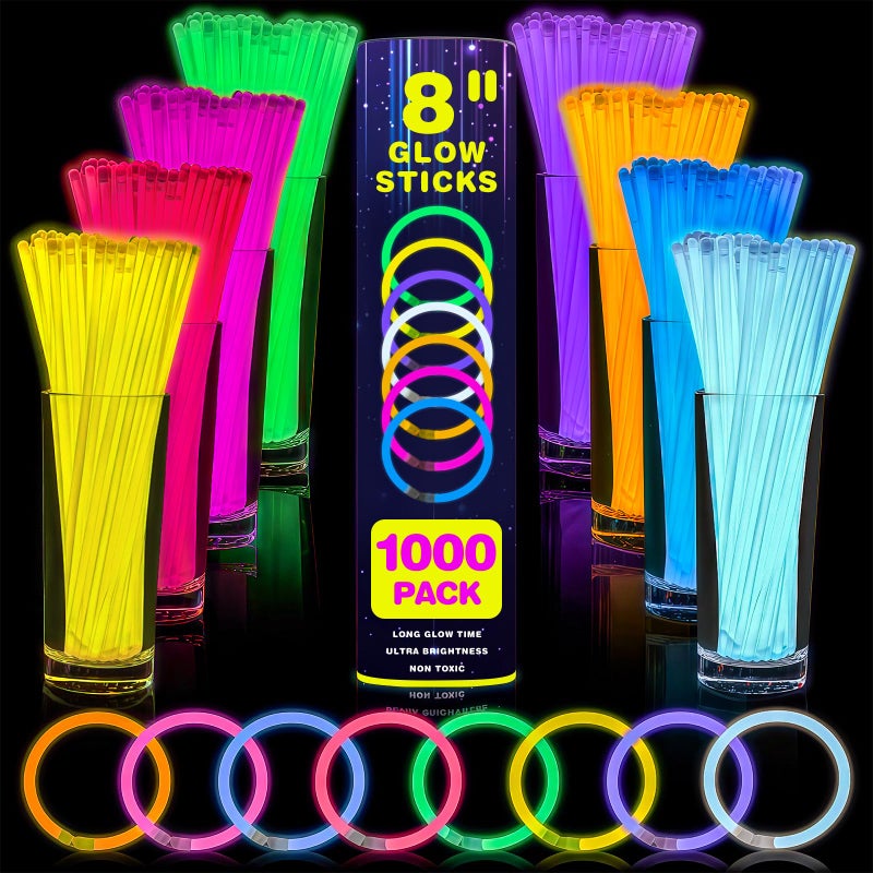 YixangDD 1000 PCS Ultra Bright Glow Sticks, 8 Inch Glow Sticks Bulk Party Pack, Light Up Sticks for Glow Bracelets, Necklaces, Concerts, Christmas, Party Supplies with 1000 Connectors - Image 1