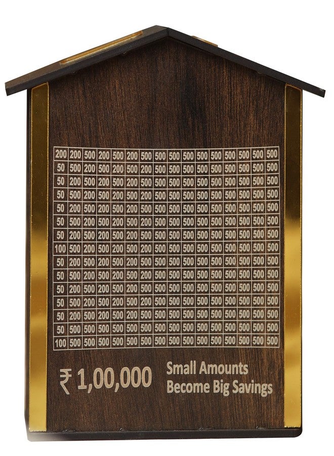 ADK حصالة نقود خشبية على شكل منزل مع مخطط، بسعر 100,000 روبية، مزينة بحواف ذهبية - Image 3