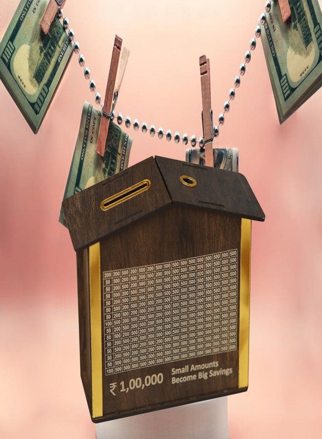 ADK حصالة نقود خشبية على شكل منزل مع مخطط، بسعر 100,000 روبية، مزينة بحواف ذهبية - Image 2