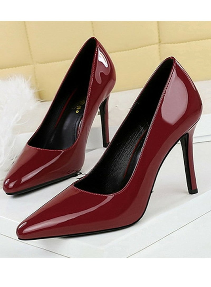BIGTREE Women's Closed Pointed Toe High Heels Patent Leather Stiletto Pumps Wine Red 10CM - Image 1