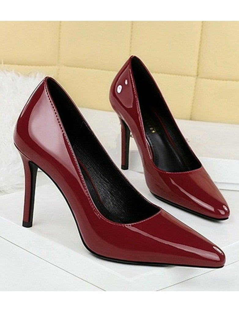 BIGTREE Women's Closed Pointed Toe High Heels Patent Leather Stiletto Pumps Wine Red 10CM - Image 2
