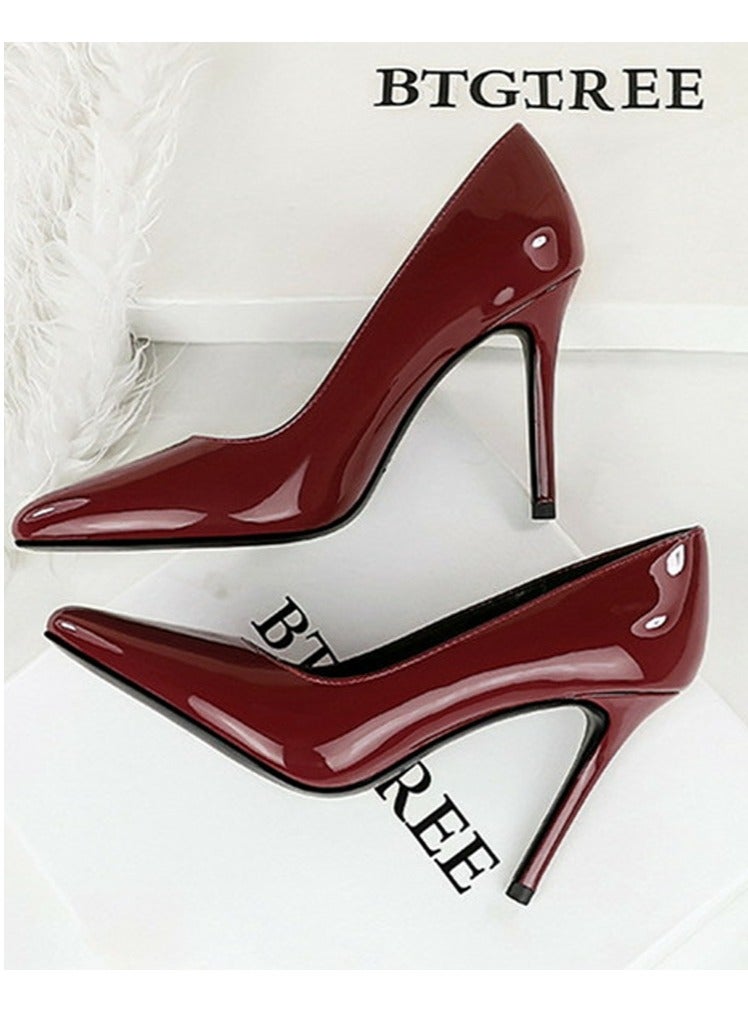 BIGTREE Women's Closed Pointed Toe High Heels Patent Leather Stiletto Pumps Wine Red 10CM - Image 3