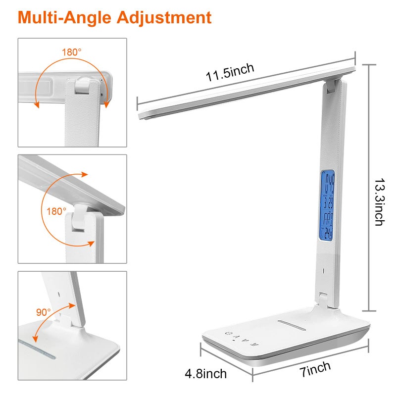 snsok Desk Lamp with Wireless Charger, USB Charging Port, Dimmable Office Desk Light with Clock, Alarm, Date, Temperature, Foldable Lamp for Table Bedroom Bedside Office (White) - Image 5