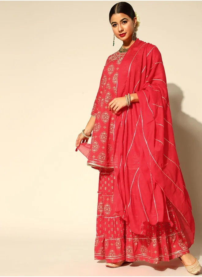 ISHIN Anarkali Fit Printed Pattern Round Neck Three-Quarter Sleeves Red Colour Knitted Cotton Kurta Set for Women with Semi Elastic Closure - Blending Tradition with Modern Style