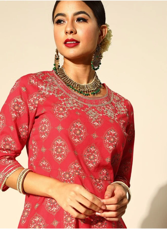 ISHIN Anarkali Fit Printed Pattern Round Neck Three-Quarter Sleeves Red Colour Knitted Cotton Kurta Set for Women with Semi Elastic Closure - Blending Tradition with Modern Style