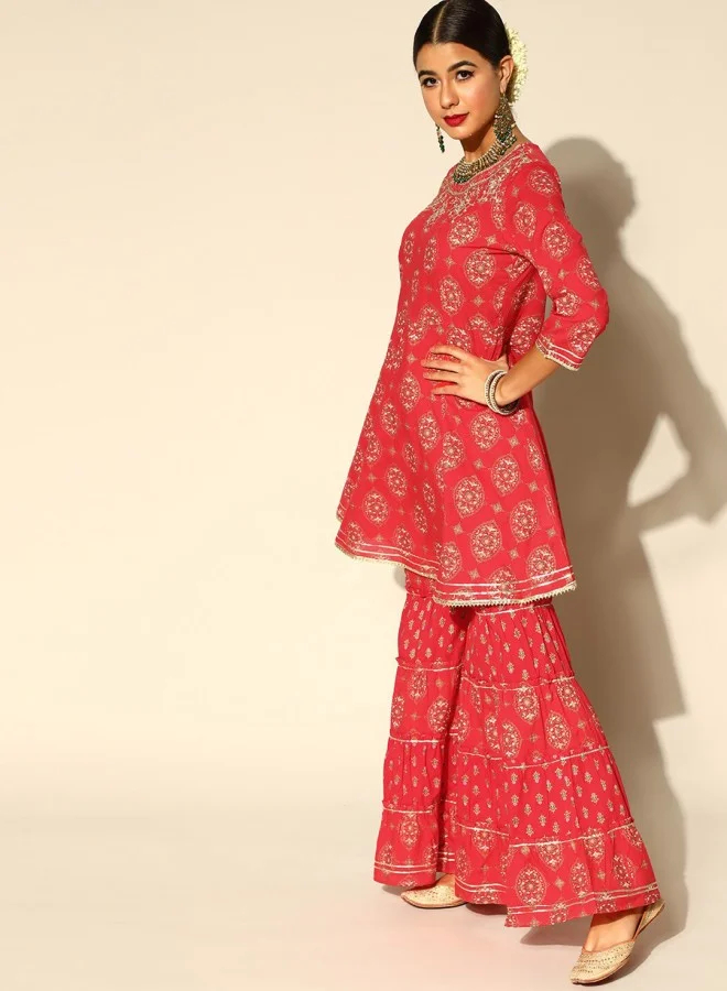 ISHIN Women's Red 100% Cotton Printed Anarkali Kurta Set