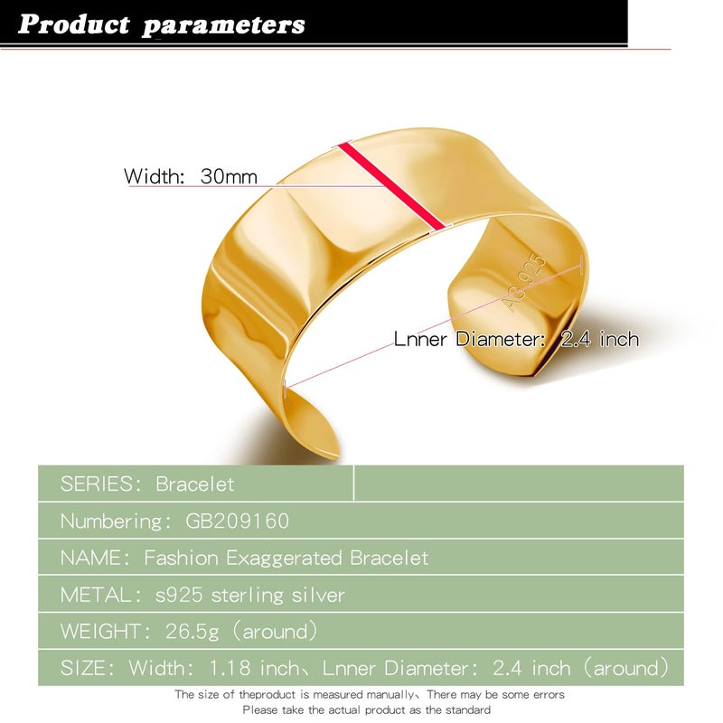 Dankadi Women 925 Sterling Silver Curved Bangle 30MM Wide Grooved Cuff Bangle Shiny Punk Open Bracelet Adjustable Plated 24k Gold/Rose Gold Jewelry Gift (Gold, Adjustable) - Image 2