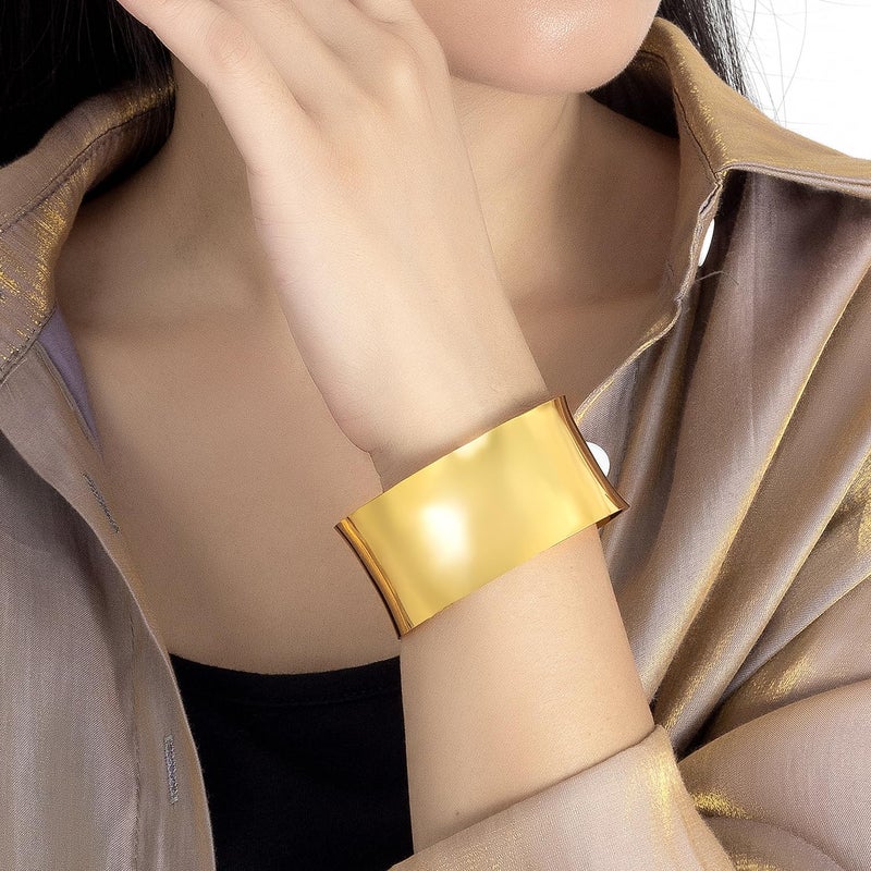 Dankadi Women 925 Sterling Silver Curved Bangle 30MM Wide Grooved Cuff Bangle Shiny Punk Open Bracelet Adjustable Plated 24k Gold/Rose Gold Jewelry Gift (Gold, Adjustable) - Image 3