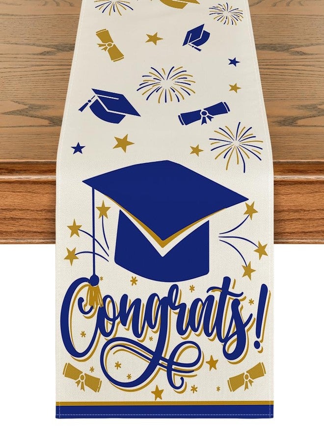 Artoid Mode Blue Congrats Diploma Cap Graduation Table Runner, 2026 Fireworks Holiday Kitchen Dining Table Runners for Home Party Decor 13x72 Inch - Image 1
