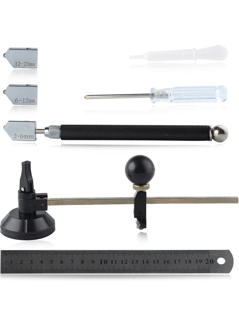 GGOOT 7 Pcs Glass Cutter Tool Set Includes Adjustable Circular Glass Cutter 2-20 mm Oil Feed Carbide Tip with 3 Bonus Blades Screwdriver Ruler Oil Dropper for Stained Glass Mosaic Tiles Mirrors  - Image 1