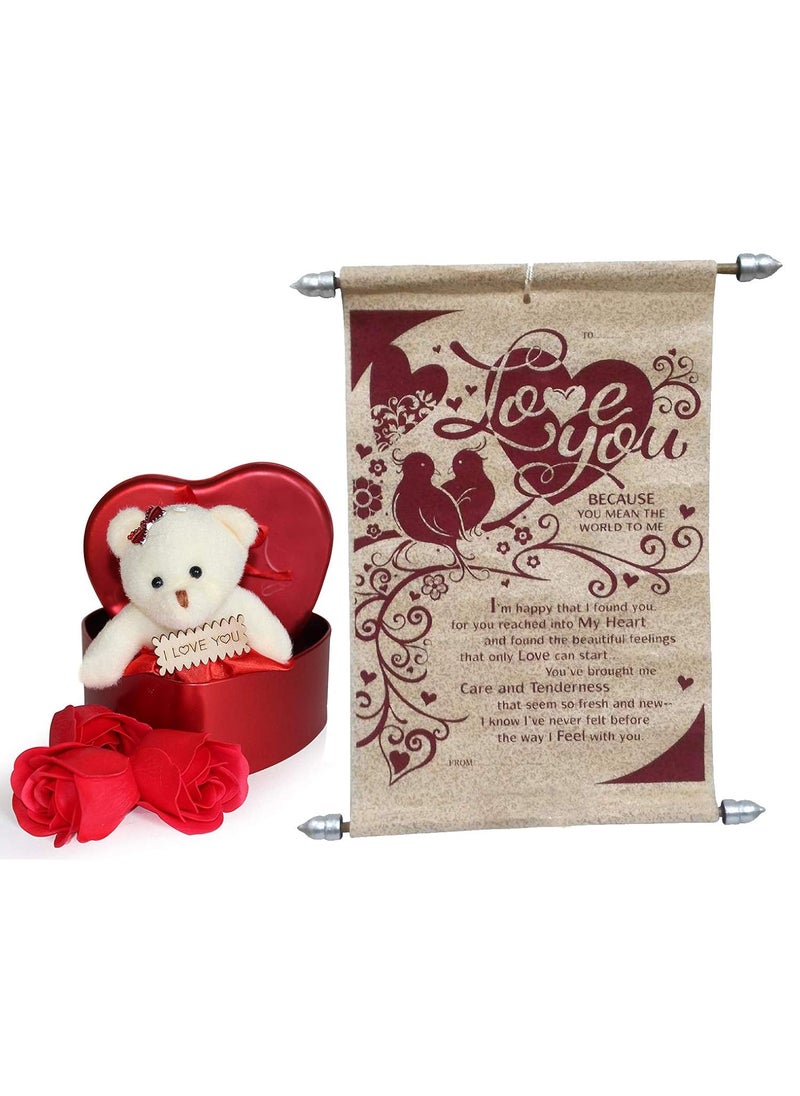 Saugat Traders Saugat Traders Valentine Gifts for Girlfriend Combo - Love Message Scroll Card & 3 Red Rose Floral Scented Soap with Teddy  - Image 1