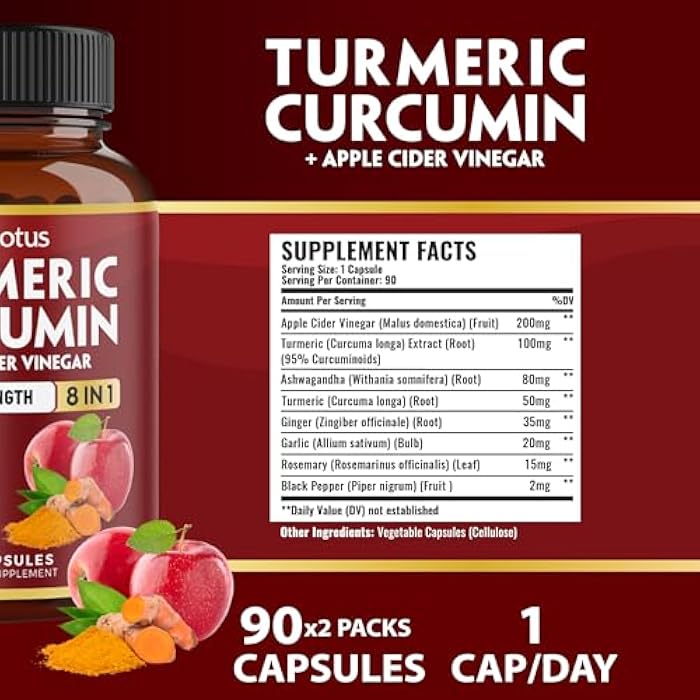 Zolotus 2packs 90 Capsules Turmeric Curcumin + Apple Cinder Vinegar Capsules, 6 Month Supply with Ashwagandha, Ginger, 95% Standardized Curcuminoids, Joint & Absorption Support - Image 2