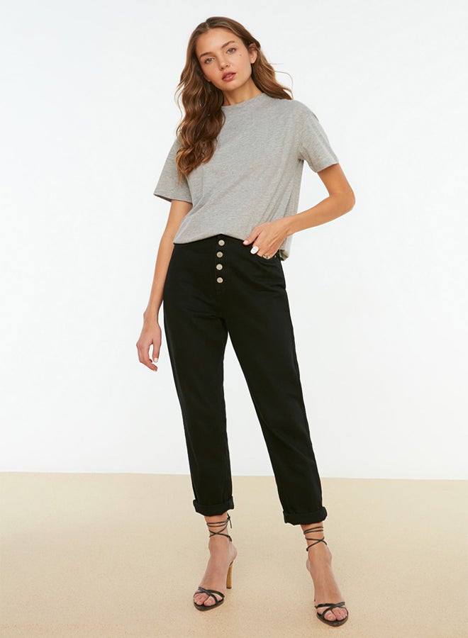 trendyol Grey Melange 100% Cotton Basic Regular/Normal Pattern Stand Collar Knitted T-Shirt - Image 2